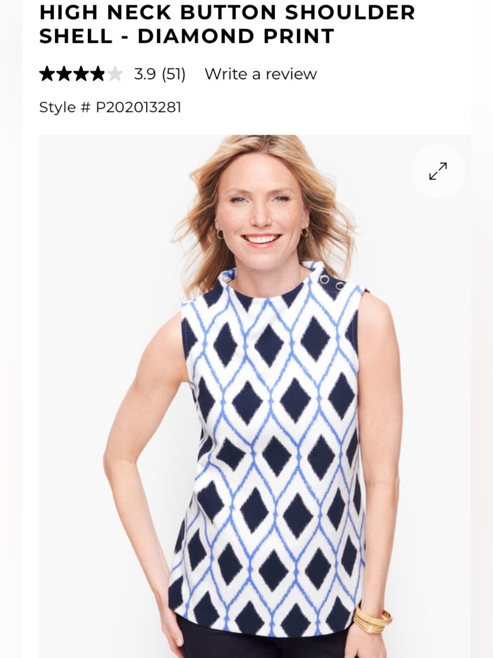 Talbots NWT 1X High Neck Button Shoulder Shell Diamond Print Office Blue White